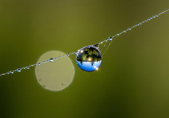 Macro Water Droplet Reflection Nature's Tiny Mirror on a Spiderweb