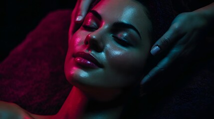 A woman s face illuminated by vivid pink and blue neon lights during a relaxing spa facial treatment