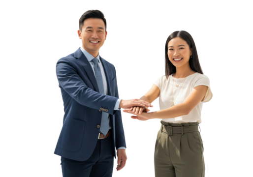 Business people touching hands and smiling, look happy isolated on white or transparent background
