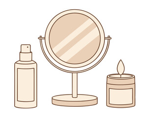 A set of cosmetics with makeup, cream, and powder in various bottles and a jar, all isolated on white