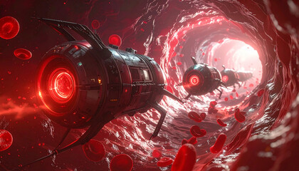 Futuristic nanobots navigate a human blood vessel, surrounded by red blood cells, symbolizing advanced medical technology, targeted therapy, and cellular-level healing intervention
