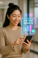 A/b testing results analysis by a user in a modern office environment digital display engaging interaction optimizing user experience