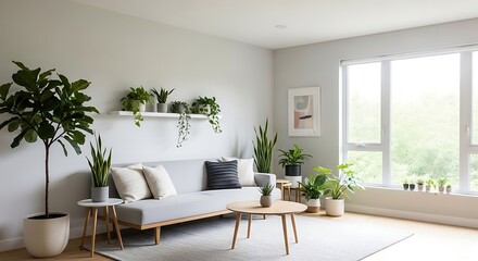 Serene Modern Living Room with Lush Green Plants, Natural Light, and Minimalist Design.