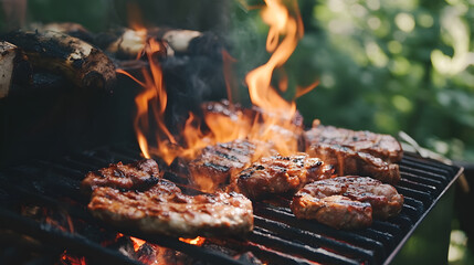 BBQ Delight: Sizzling meats on a barbecue grill with dancing flames, a celebration of outdoor cooking.