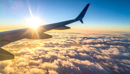 Fototapeta premium A breathtaking aerial view captured from an aircraft window during sunrise. Golden sunlight illuminates the clouds and wing. The clear blue sky enhances the image