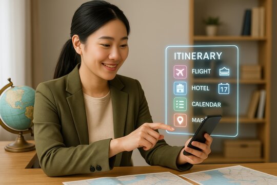 Planning your next adventure woman using smartphone to organize travel itinerary at home indoor environment modern viewpoint - Powered by Adobe
