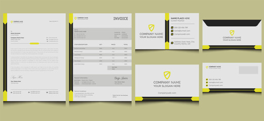 Editable clean classic elegant creative modern company corporate business stationery office trendy brand branding minimal yellow black letterhead invoice envelope business card template design.