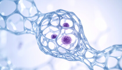 Three-dimensional rendering of vibrant cellular entities encapsulated within a translucent, intricate biological lattice, symbolizing advanced molecular research and scientific innovation