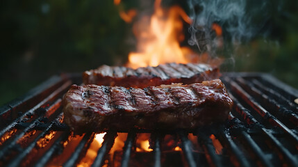 Grilling Perfection: Sizzling steaks on a glowing grill, the flame licking the meat, promising a delicious and flavorful meal. 