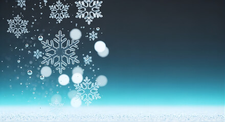 Fototapeta premium Delicate snowflakes drift down over a cool icy blue gradient with soft bokeh, evoking peace, calm, and pure winter magic for wellness, spa, or lifestyle visuals.