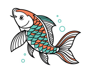 Colorful fish and aquatic life line art illustration