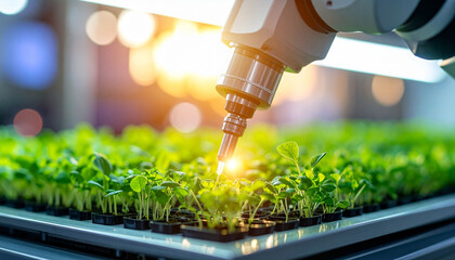 Future of farming Robotic technology cultivating healthy green sprouts in an advanced indoor agricultural facility, optimizing growth and sustainability