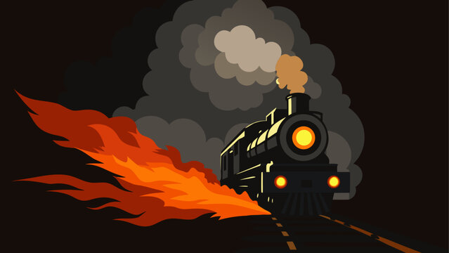 A steam train engulfed in flames and smoke