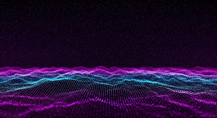 Abstract digital landscape with glowing purple and blue undulating waves of particles on a dark background, representing data visualization or futuristic technology.
