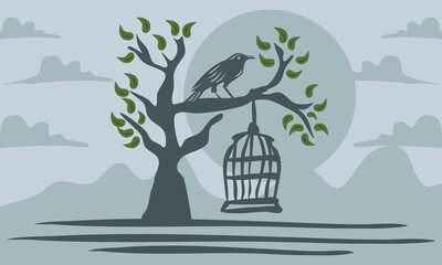 Perched Freedom, Crow on Branch Near Open Cage Illustration Symbolizing Independence and Hope