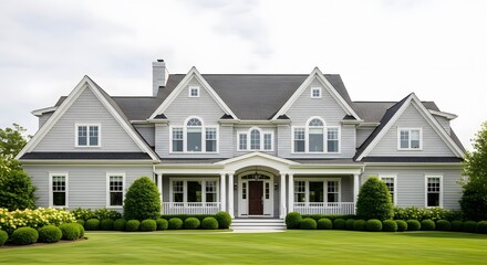 Fototapeta premium Elegant gray victorian style mansion with lush green lawn and landscaping