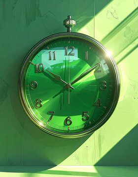 A vibrant green clock is mounted on a matching colored wall