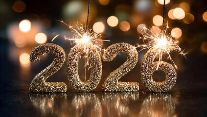 Celebratory numbers 2026 with sparklers, surrounded by shimmering bokeh lights, perfect for New Year festivities.