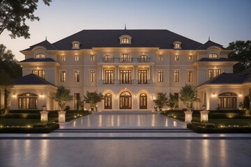 Obraz premium Luxuriöse Villa mit eleganter Beleuchtung und runder Einfahrt mit Brunnen bei Sonnenuntergang