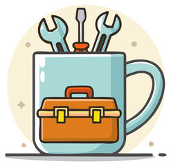 Obraz premium Cartoon tools in a mug cup, repair box, wrenches and screwdriver. Tooling illustration.