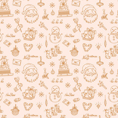 Cheerful festive seamless pattern with vector Christmas elements. Whimsical doodle illustrations of snowman, Santa, gifts, holiday decorations, sweets, and letters on vintage beige background.