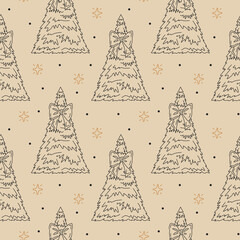 Holiday vector seamless pattern with Christmas tree, stars and snowing. Vintage and elegance doodle illustrations on beige background.