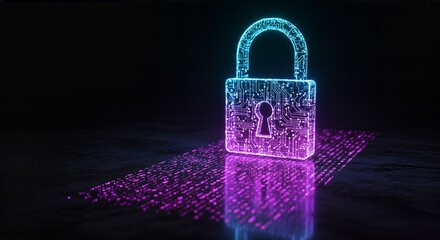 Digital padlock glowing with neon blue and purple light, representing cybersecurity and data protection on a dark background.