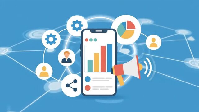 Animated flat design video illustrating digital marketing and social media analytics.