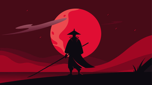 Silhouette samurai against a red moon sky