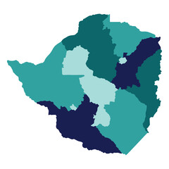 Zimbabwe map regions. Map of Zimbabwe regions in multicolor