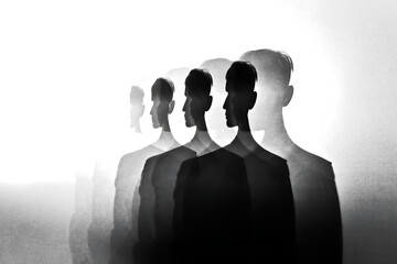 Abstract ghostly silhouette of a man in motion with multiple overlapping figures isolated on transparent background