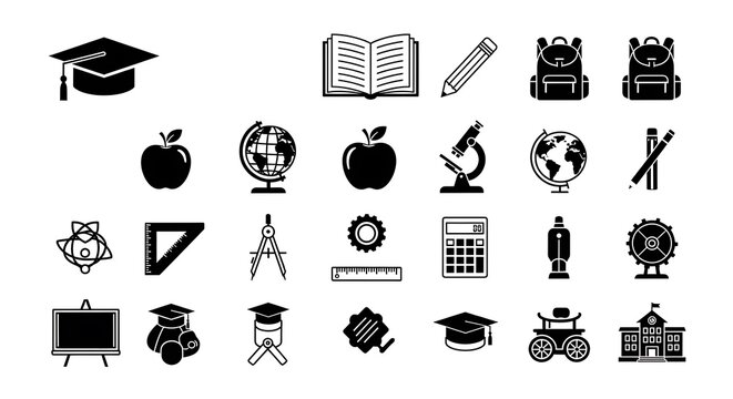 Diverse collection of educational and schoolrelated icons, including graduation cap, book, pencil, apple, globe, microscope, calculator, and more, isolated on a white background