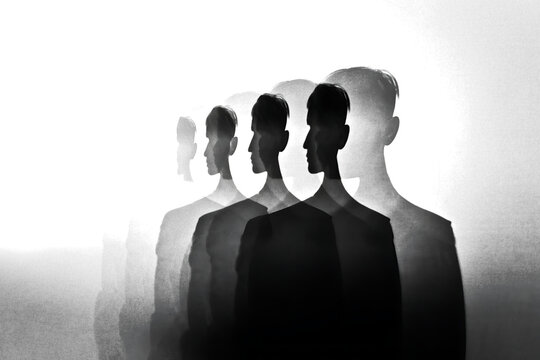 Abstract ghostly silhouette of a man in motion with multiple overlapping figures isolated on transparent background