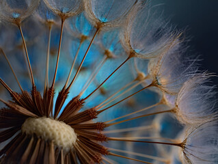 Obraz premium Close-up of a dandelion seed head against a blurred blue background, showcasing its delicate details and beauty.