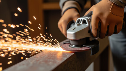 Naklejka premium Person using power tool to grind metal, creating sparks in workshop environment. focus is on tool and action of grinding