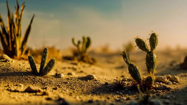 A serene desert landscape with a few cacti scattered throughout the sandy terrain. The cacti are small and spiky, adding a touch of life to the otherwise barren environment. The sky above is clear