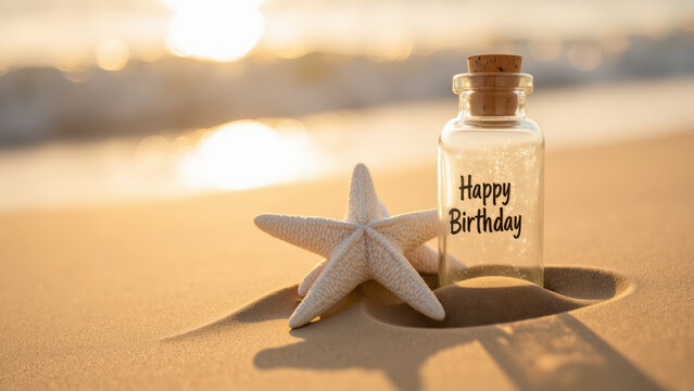 Happy Birthday message in bottle beside starfish on sandy beach, capturing serene and joyful atmosphere