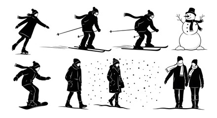 Collection of winter activities and figures including ice skating, skiing, snowboarding, a snowman, and people in winter clothing, isolated on white background