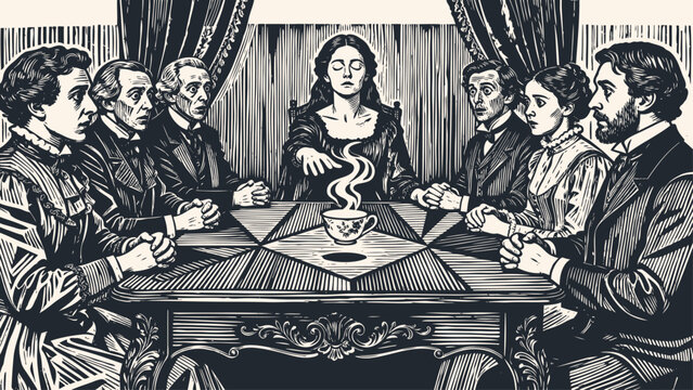 A female medium conducts a séance or fortune-telling session for a group in a Victorian room. Vintage vector illustration in a woodcut style.