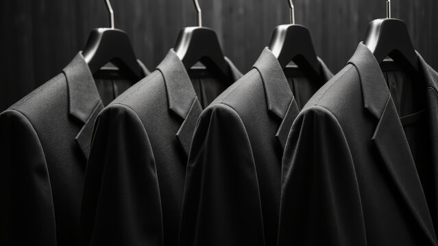 Elegant black suits hanging hangers, showcasing sophisticated style and timeless fashion. Perfect for formal occasions and professional settings