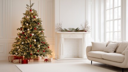 A bright living room with a Christmas tree decorated with gold lights, red and white ornaments, gifts, a white fireplace with greenery, and a beige sofa