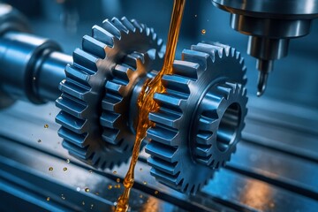 Precision engineered metal gears meticulously receive a flowing stream of vibrant golden oil, vital for modern industrial machinery maintenance and performance