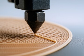 3D printer nozzle precisely extrudes beige plastic filament, crafting an intricate geometric pattern during a modern additive manufacturing process