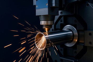 Automated industrial laser cutting machine precisely shapes metal pipe, creating vibrant orange sparks, showcasing advanced manufacturing technology and precision