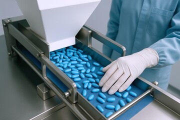 Blue pills flow along factory conveyor belt, meticulously inspected by gloved hand during pharmaceutical production in a sterile manufacturing facility