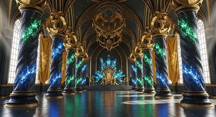 Majestic Fantasy Throne Room - Golden Opulence, Luminous Pillars, Reflective Grandeur.