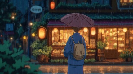 Person holding umbrella on rainy evening, cozy street filled with warm lights, inviting atmosphere, perfect for reflection.