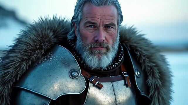 A rugged, silver-haired man wrapped in an asymmetrical armored cuirass of layered steel and brushed tin plates