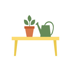  Gardening tools and potted plant on a table