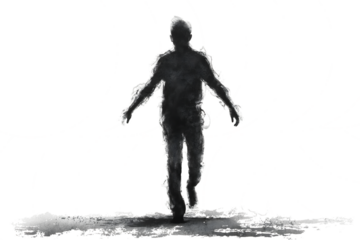 A solitary dark shadowy figure of a person walking forward with arms outstretched isolated on transparent background